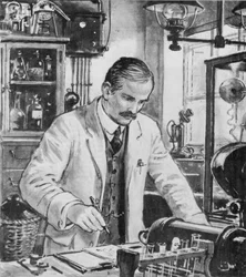 Ernest Rutherford bei der Arbeit in seinem Labor in Cambridge